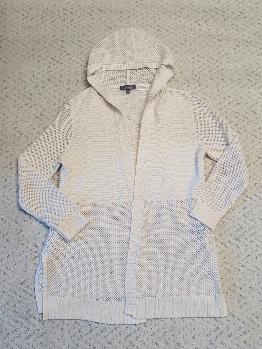 Marled Reunited Clothing White Knitted Open Front Hooded Sweater Size Medium